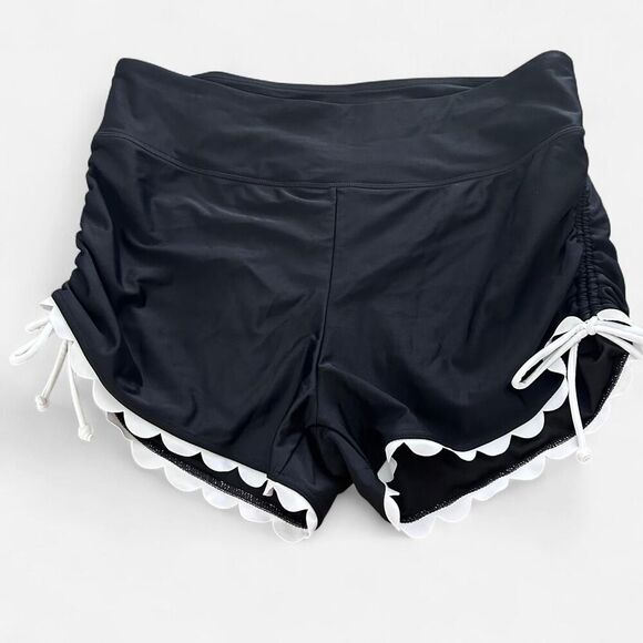 ATTRACO feminine black white girly ruched tie side High Waisted Swim Boy Shorts - Picture 2 of 7